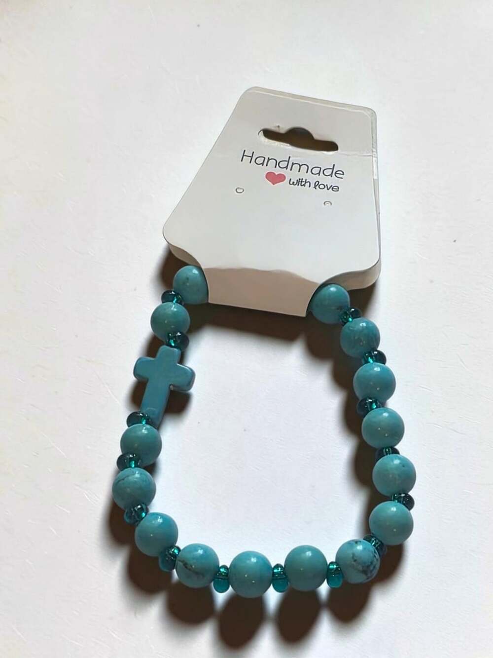 Beaded Cross Bracelet Turquoise Blue Stretch